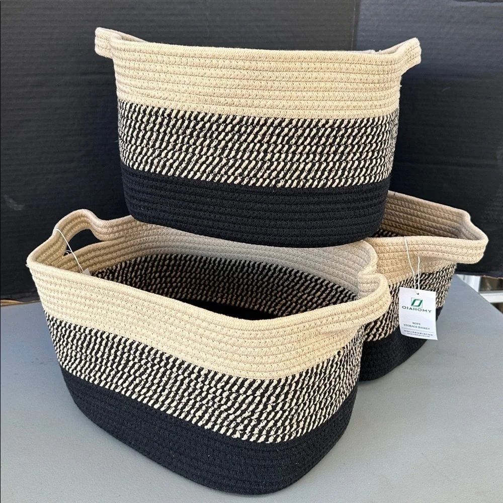 Stylish Woven Tan and Black Storage Baskets